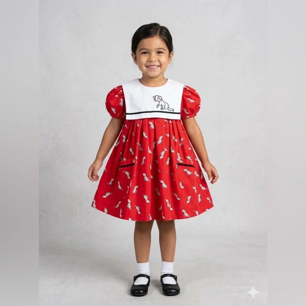 VNTG Girl's Dorissa II 80s Dogs All Over Print Red Dress Cape Size‎ 4T Holiday